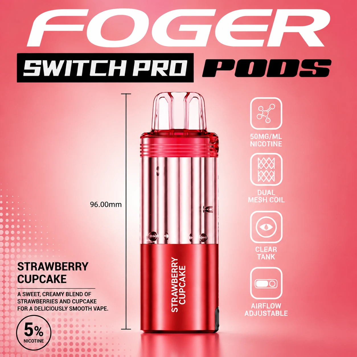 Foger Switch Pro Pod 30K Puffs Strawberry Cupcake pod only product image featuring the glossy pink finish, transparent clear tank and Strawberry Cupcake flavor branding on a pure white studio background