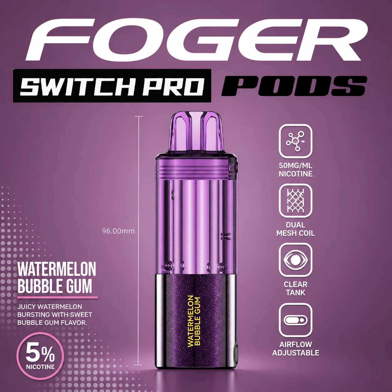 Foger Switch Pro Pod 30K Puffs Watermelon Bubble Gum pod only product image featuring a glossy purple metallic finish, sparkling dark purple flavor panel, transparent purple-tinted clear tank, translucent purple mouthpiece and vertical gold Watermelon Bub