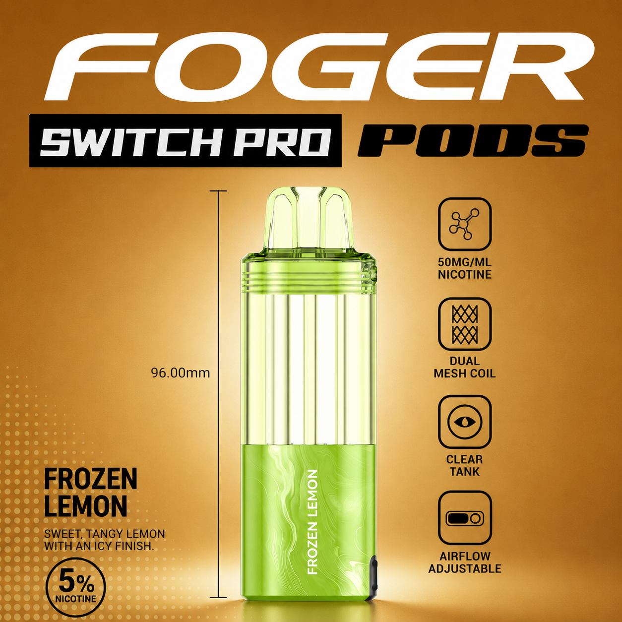 Foger Switch Pro Frozen Lemon 30K puff pod with transparent clear tank and bright green Frozen Lemon lower body on white studio background