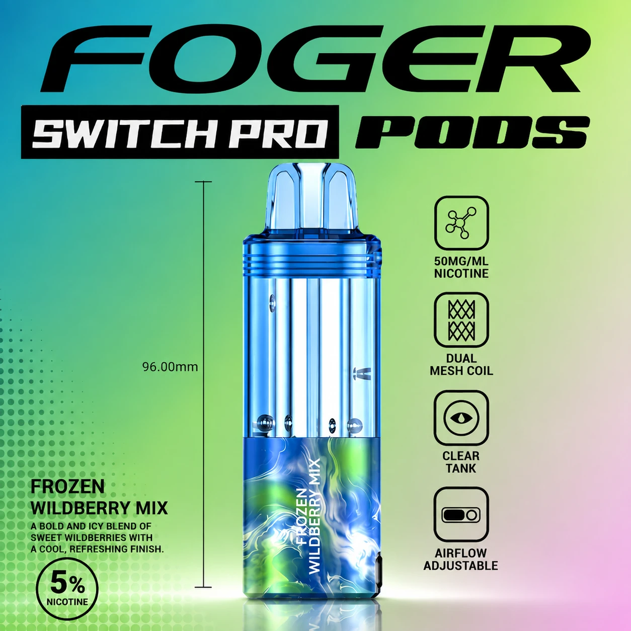 Foger Switch Pro Frozen Wildberry Mix 30K puff pod with transparent tank and blue-green berry-themed lower body on white studio background