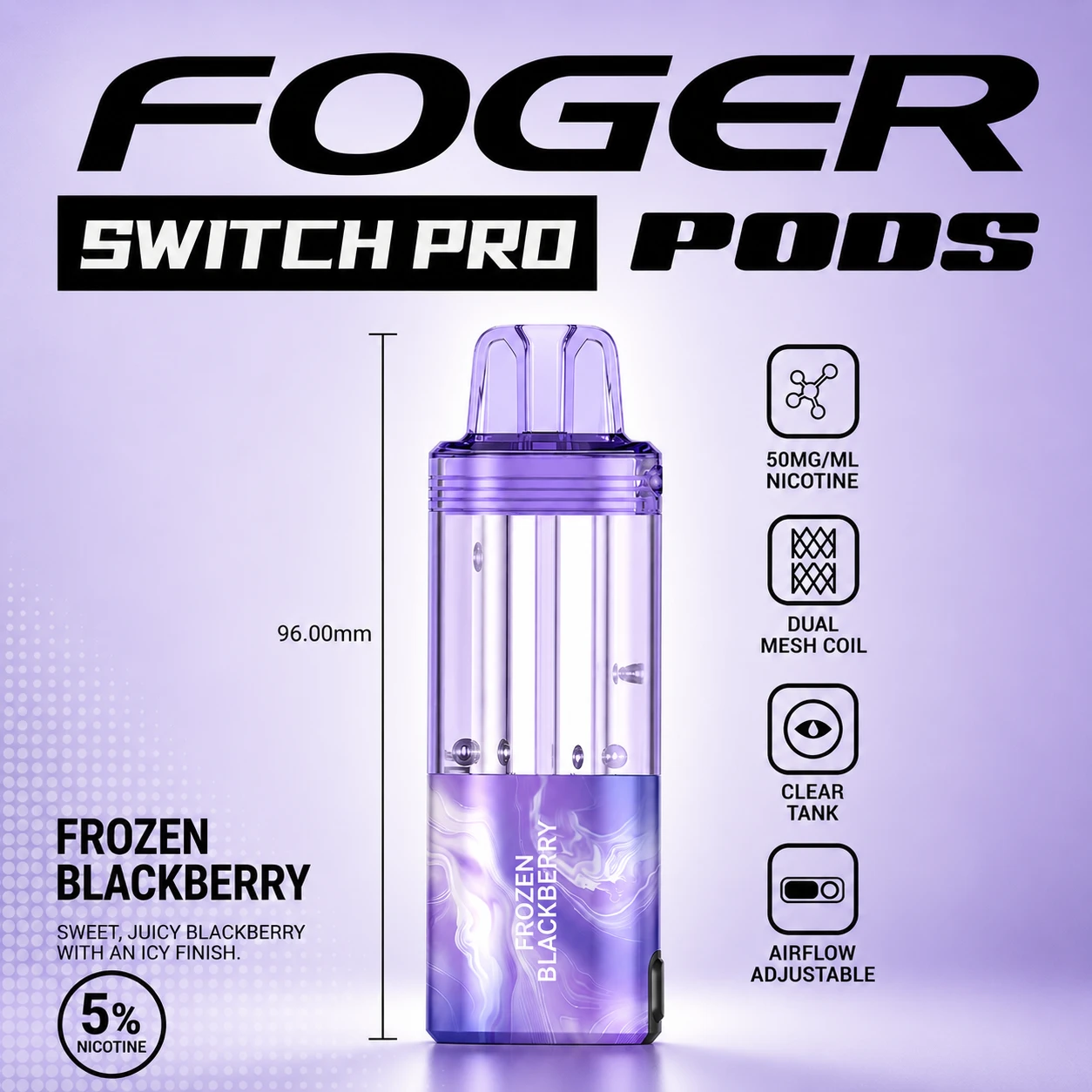Foger Switch Pro Frozen Blackberry 30K puff pod with transparent tank and purple Frozen Blackberry flavor body on white studio background