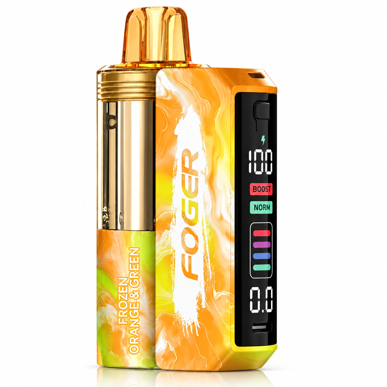 Frozen Orange & Green Foger Switch Pro Kit image green and orange body written foger on battery led display