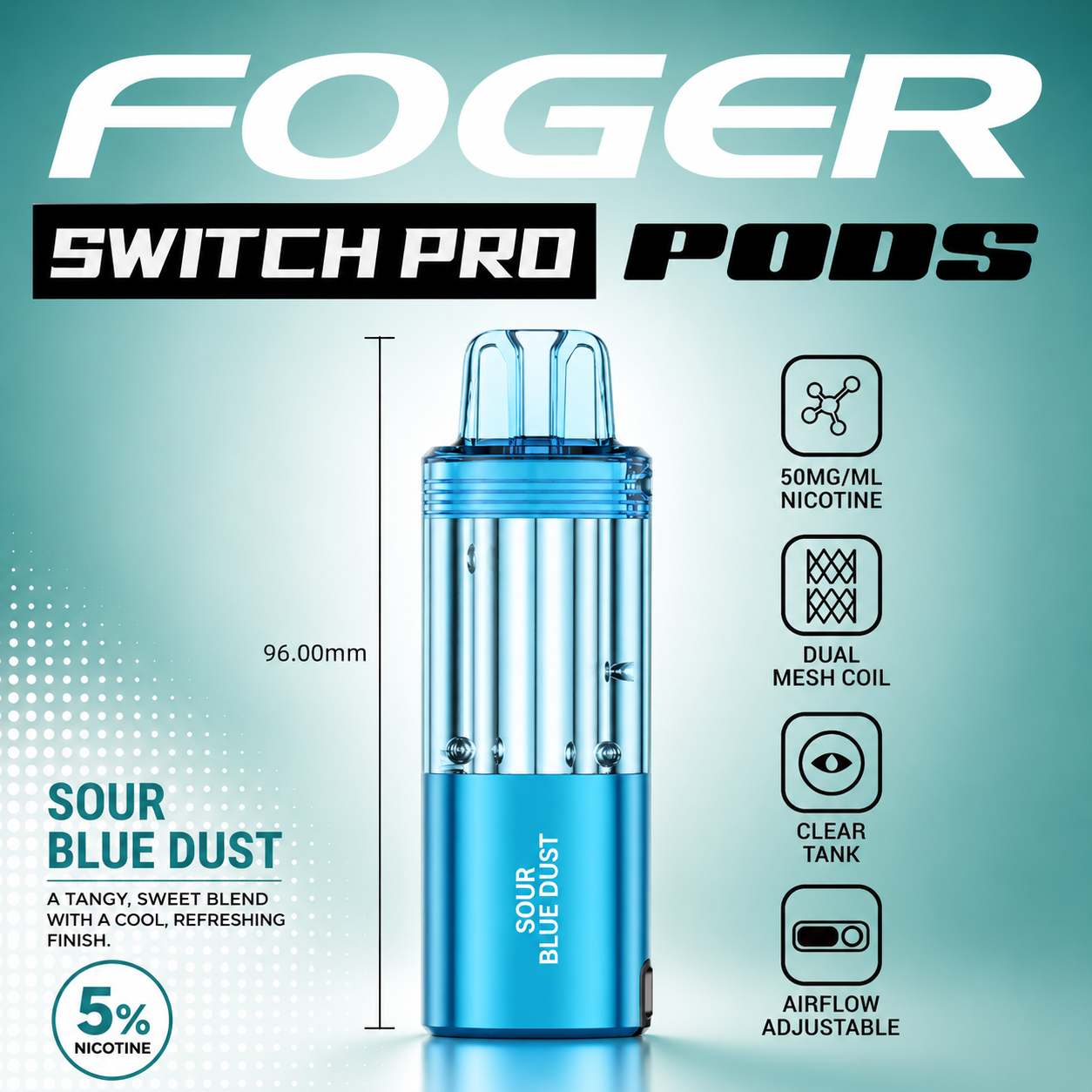 Foger Switch Pro Pod 30K Puffs Sour Blue Dust pod only product image featuring the glossy blue finish, transparent clear tank and Sour Blue Dust flavor branding on a clean white studio background