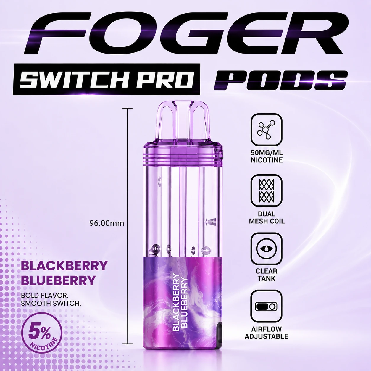 Foger Switch Pro Blackberry Blueberry 30K puff pod with transparent clear tank and flavor-branded body on clean white studio background