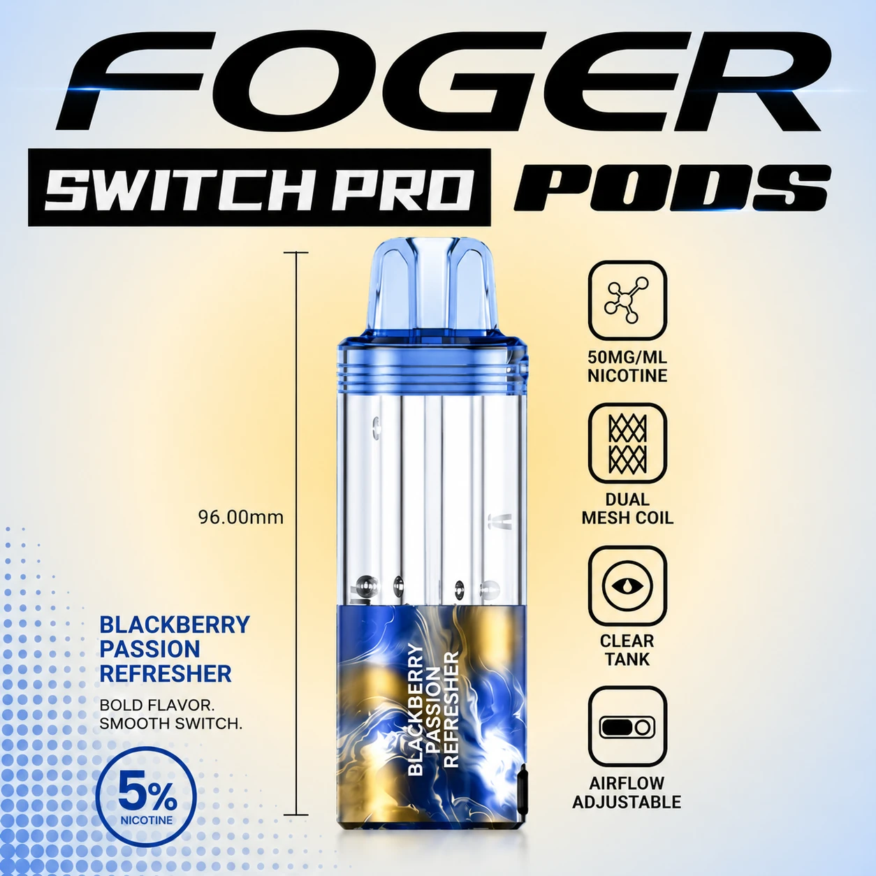Foger Switch Pro Blackberry Passion Refresher 30K puff pod with transparent tank and flavor-branded lower body on white studio background