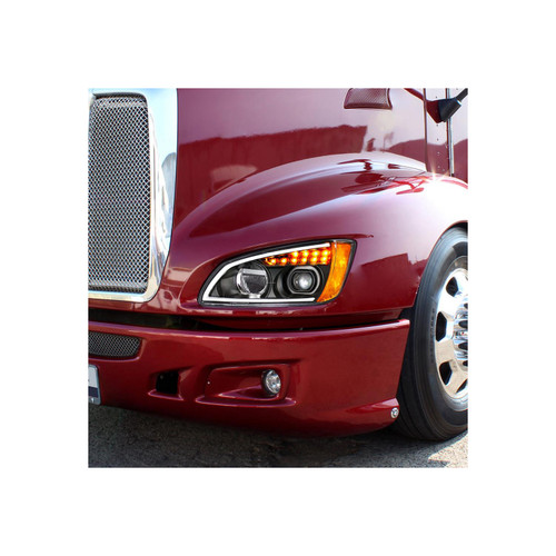 Black Full LED Headlight With Turn Signal & Position Light Bar For 2007-2017 Kenworth T660