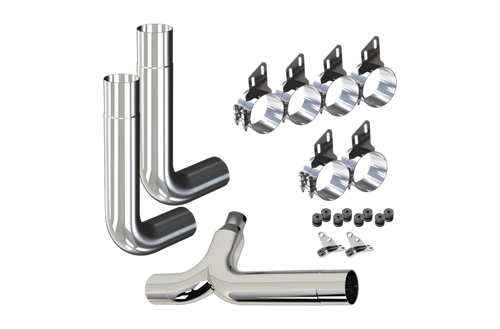 7" 8" Exhaust Kit for Peterbilt with Non Reduced Picket Elbows, Clamps, and Chrome Y Pipe