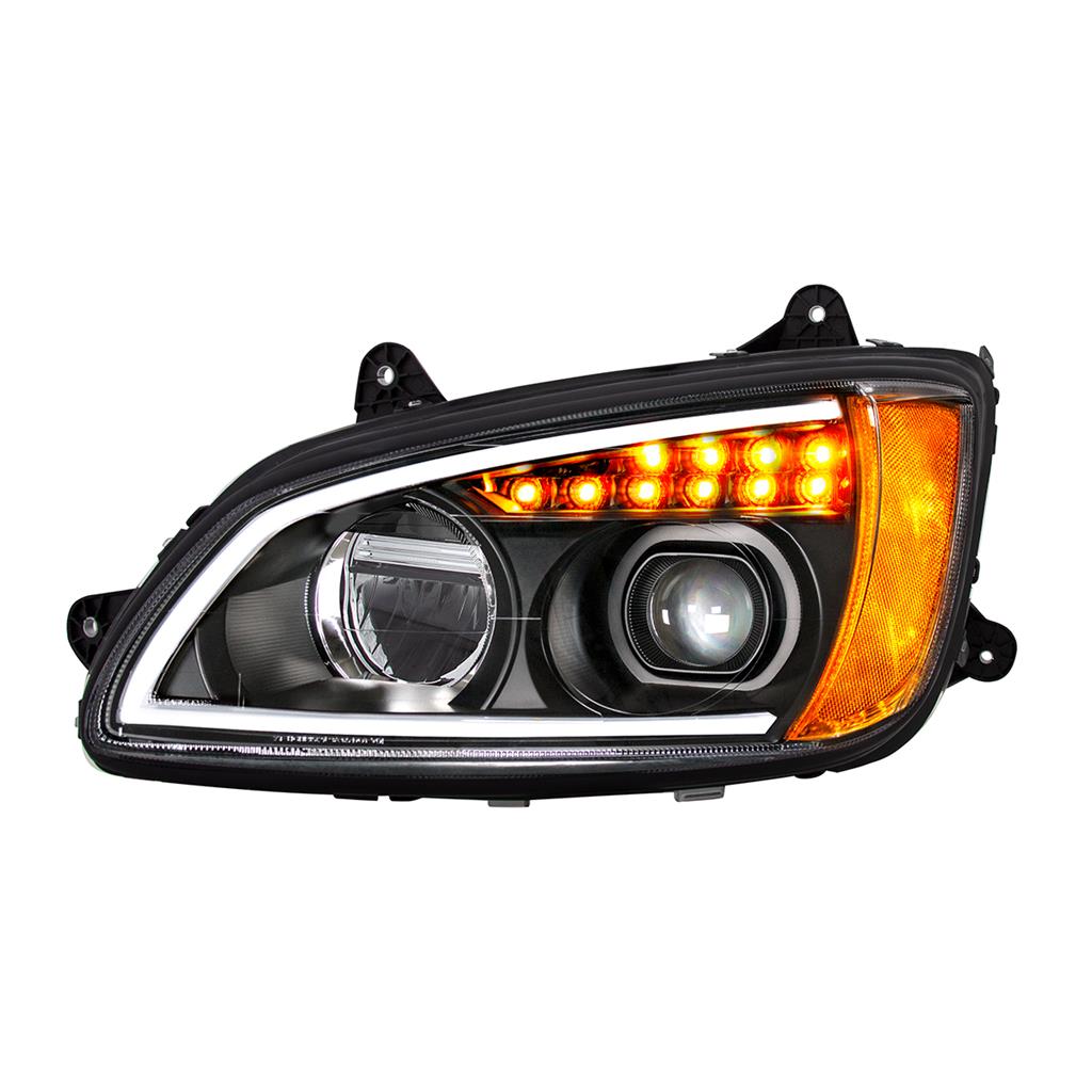 Black Full LED Headlight With Turn Signal & Position Light Bar For 2007-2017 Kenworth T660