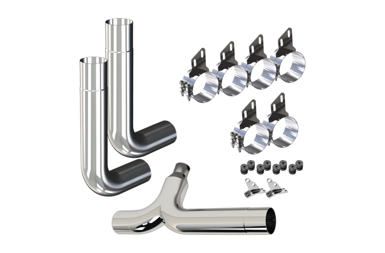 7" 8" Exhaust Kit for Peterbilt with Non Reduced Picket Elbows, Clamps, and Chrome Y Pipe