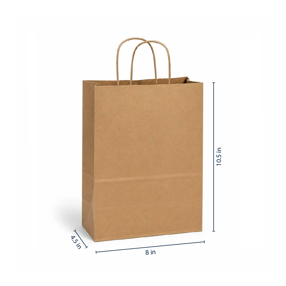 Petite  8" x 4-1/2" x 10-1/2" 100% Recycled Kraft Paper Shopping Bags