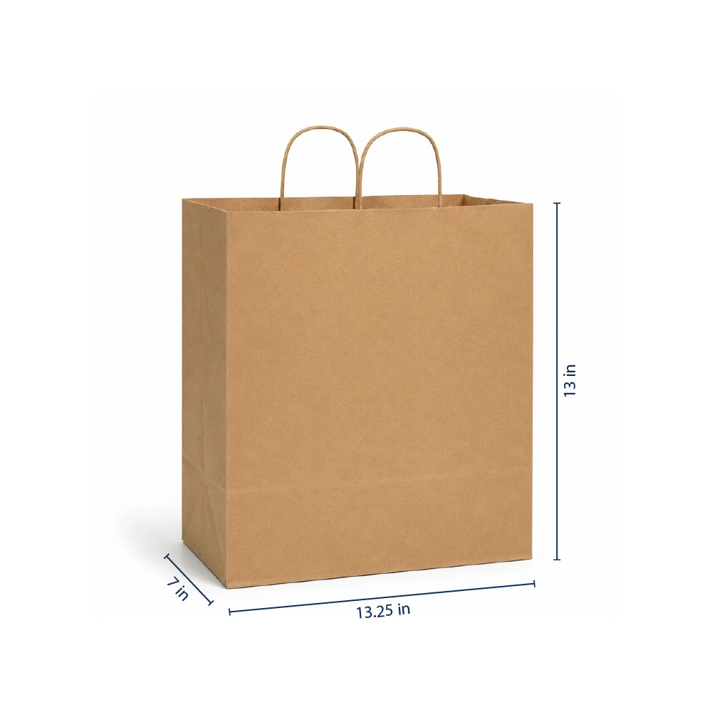 Jr Mart 13-1/4" x 7" x 13" 100% Recycled Kraft Paper Shopping Bags