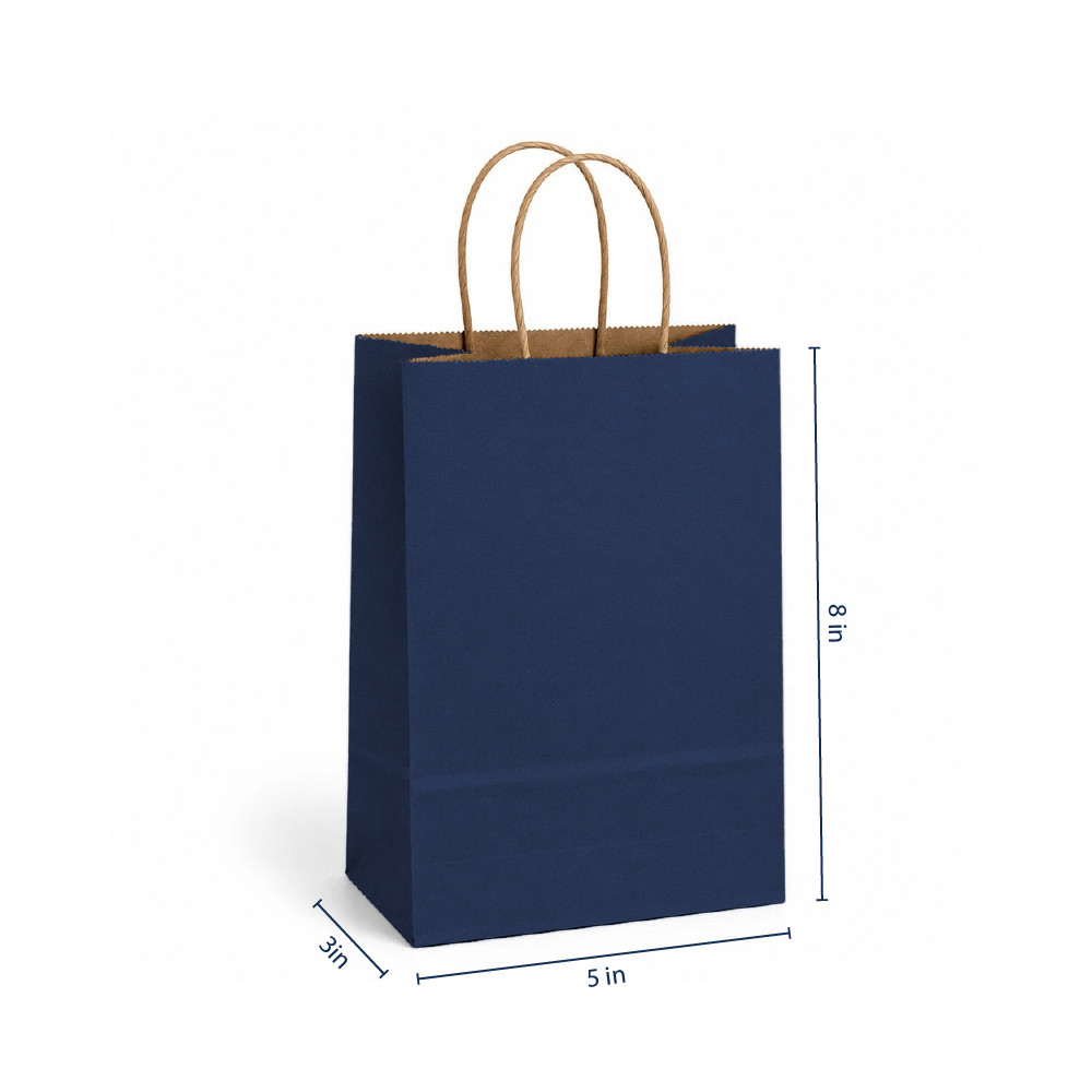 Prime 5" x 3" x 8" Navy on Kraft Paper Shopping Bags