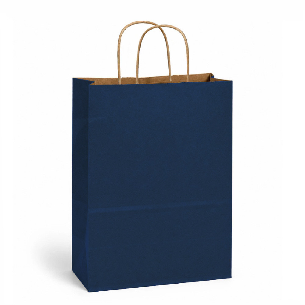 Petite 8" x 4.5" x 10.5" Navy on Kraft Paper Shopping Bags