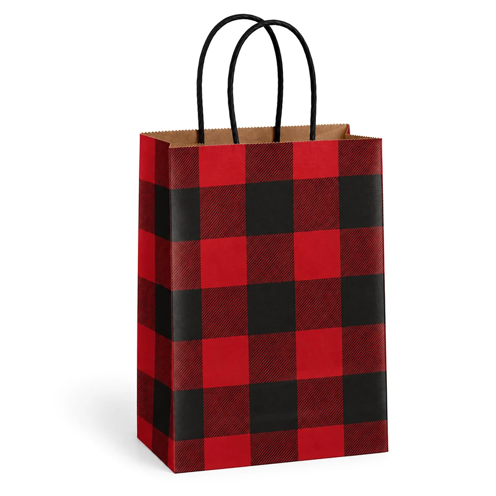 Prime 5-1/2" x 3" x 8-3/4" Buffalo Plaid Paper Shopping Bags