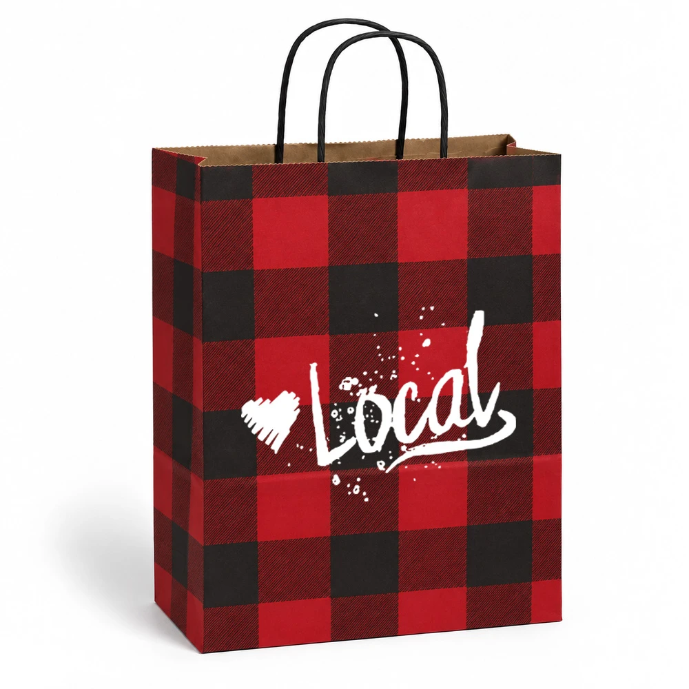 Love Local Buffalo Plaid Paper Shopping Bags - Vanity -10" x 5" x 13-1/2"