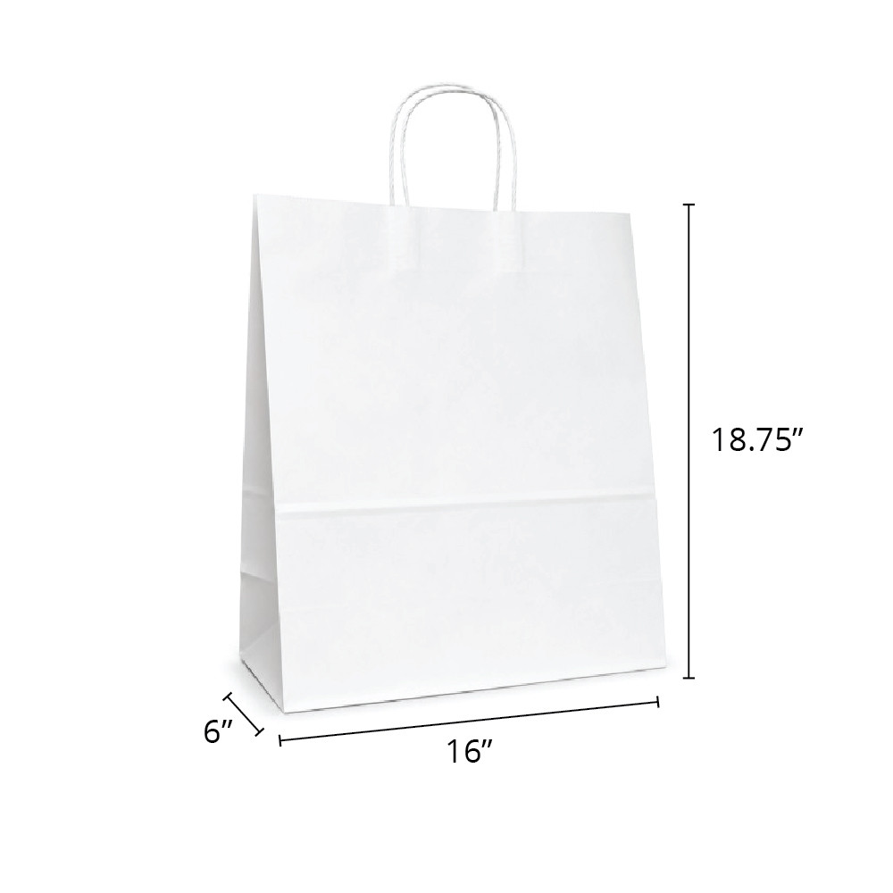 Saville 16" x 6" x 18-3/4" 40% Recycled Matte White Paper Shopping Bags