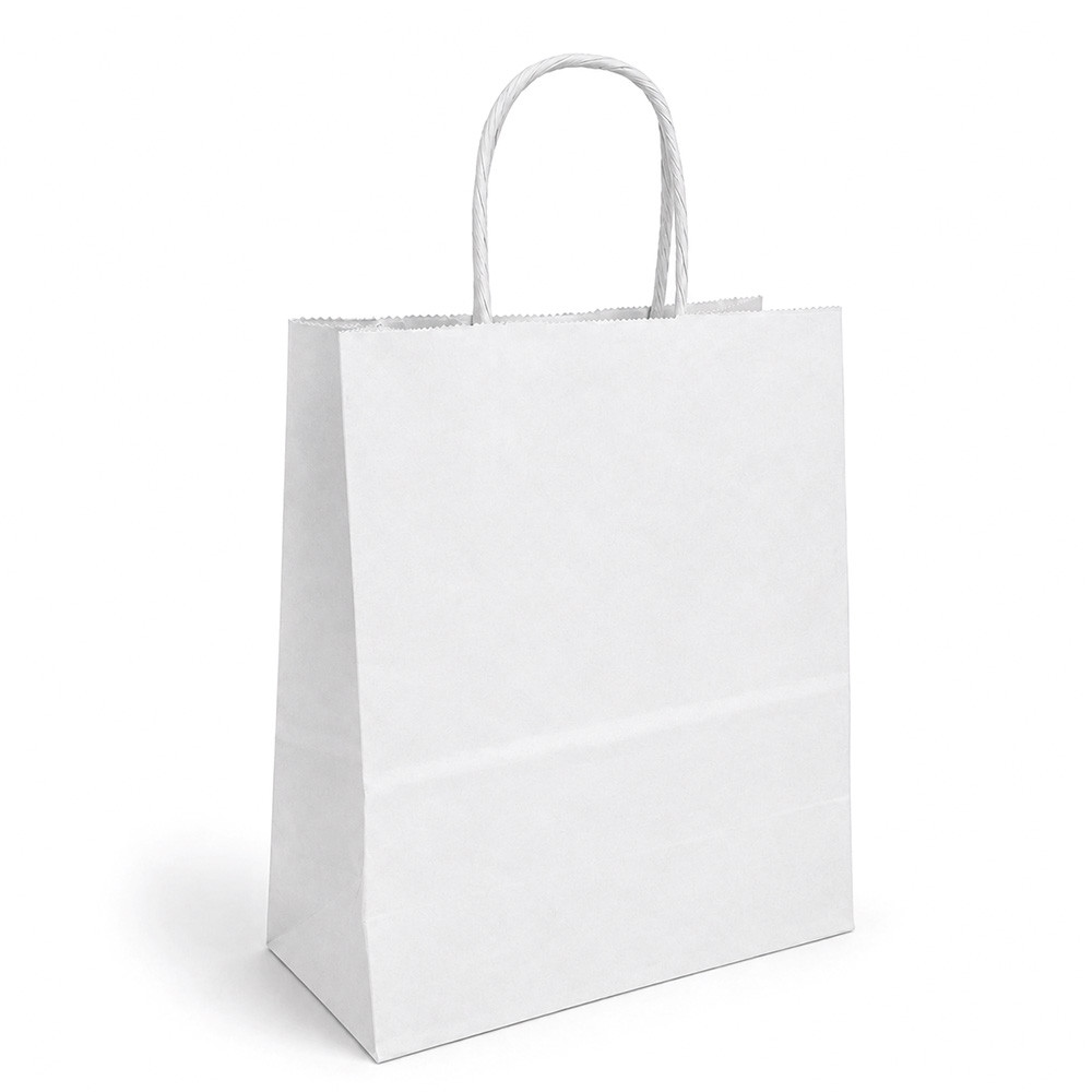 Timmy 7" x 3-1/2" x 8-1/2" Matte White 40% Recycled Paper Shopping Bags
