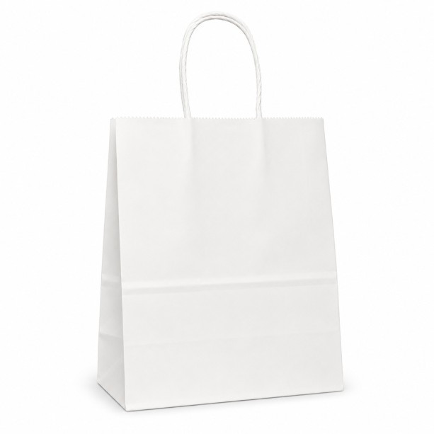 Timmy 7" x 3-1/2" x 8-1/2" Matte White 40% Recycled Paper Shopping Bags