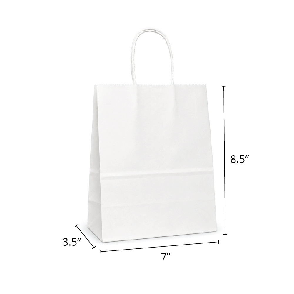 Timmy 7" x 3-1/2" x 8-1/2" Matte White 40% Recycled Paper Shopping Bags