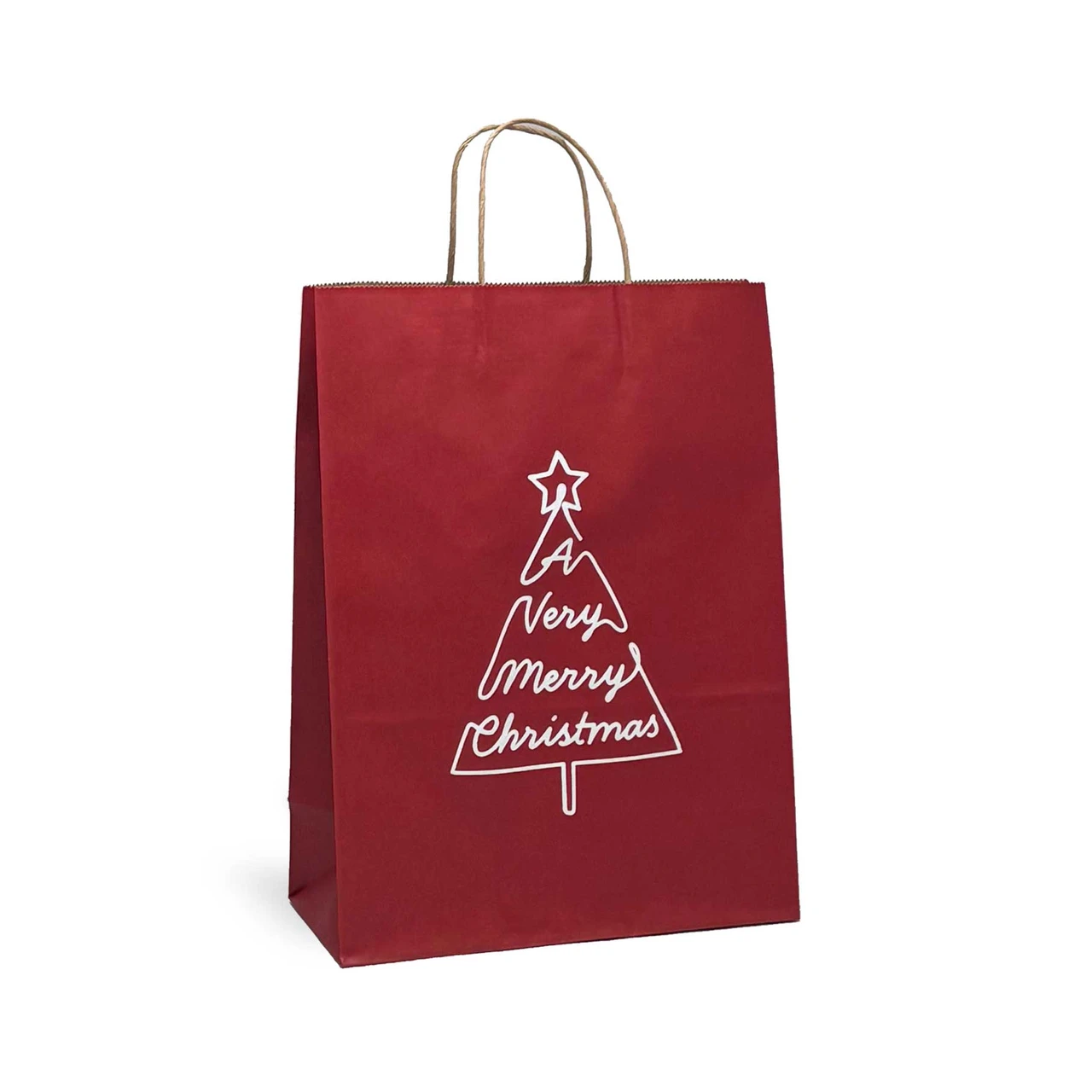 Merry Christmas Red on Kraft Paper Shopping Bags - Petite - 8"x4-1/2"x10-1/2"