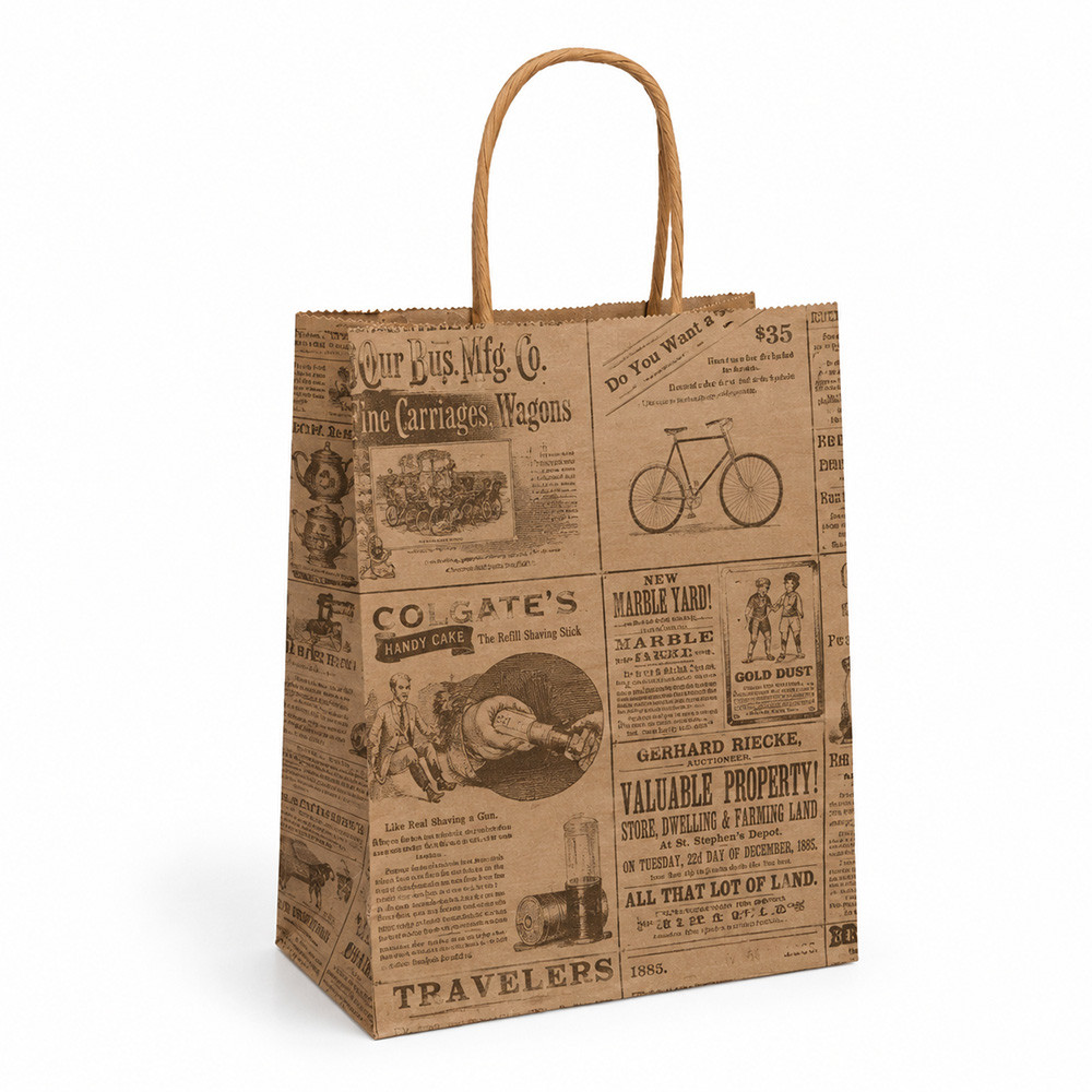 Timmy 7"x3-1/2"x8" Newsprint Paper Shopping Bags