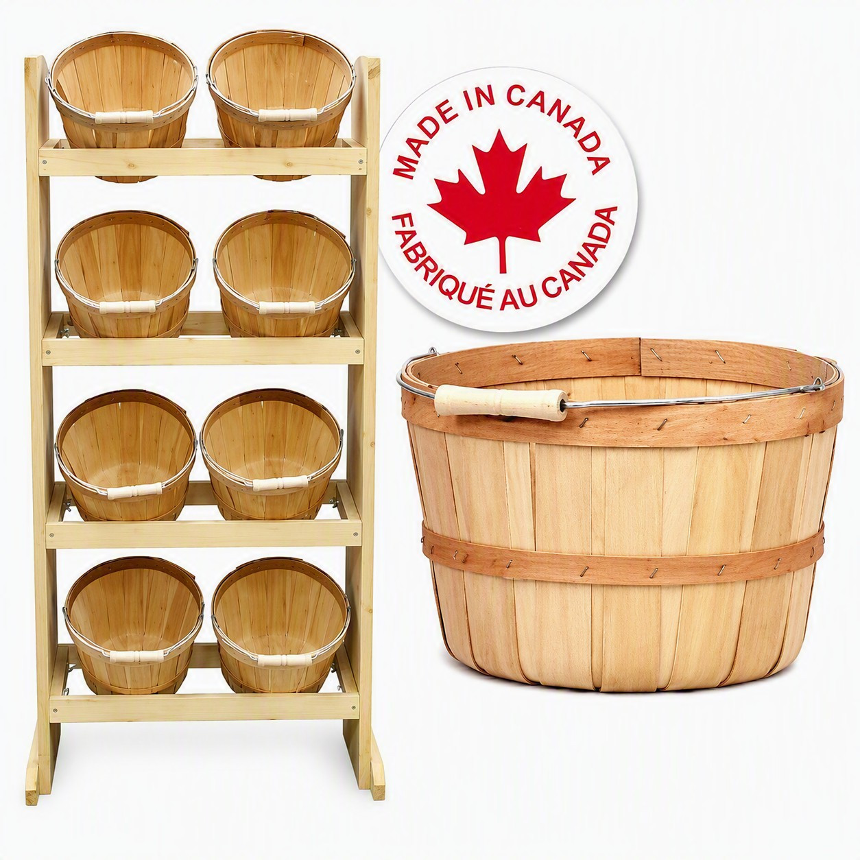 Wood Floor Display includes 8 half peck natural baskets with handles