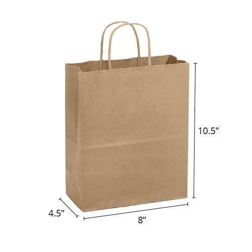 Petite  8" x 4-1/2" x 10-1/2" 100% Recycled Kraft Paper Shopping Bags