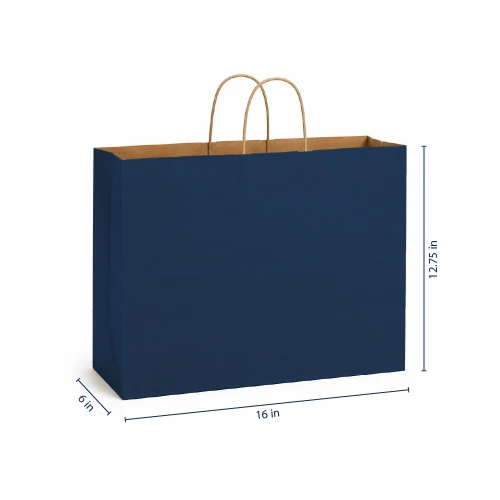 Fashion 16" x 6" x 12.75" Navy on Kraft Paper Shopping Bags