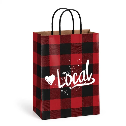 Love Local Buffalo Plaid Paper Shopping Bags - Petite - 8" x 4-3/4" x 10-1/2"