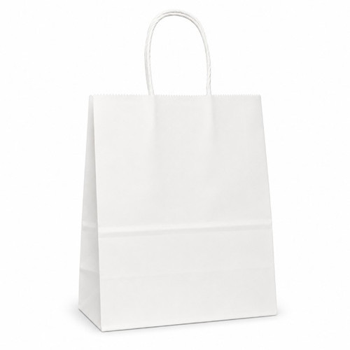 Timmy 7" x 3-1/2" x 8-1/2" Matte White 40% Recycled Paper Shopping Bags