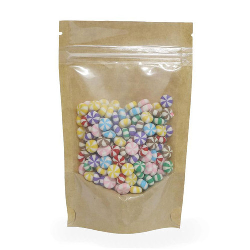 5-1/2" x 8" x 3-3/16" - 150g Kraft with Clear Front 5 Mil Stand Up Pouch w/Zipper 5-1/2" x 8" x 3-3/16" - 150g Kraft with Clear Front 5 Mil Stand Up Pouch w/Zipper