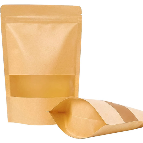 7-1/16" x 10-1/8" x 3-3/16" - 500g Kraft Rect Window 5 Mil Stand Up Pouch w/Zipper 7-1/16" x 10-1/8" x 3-3/16" - 500g Kraft Rect Window 5 Mil Stand Up Pouch w/Zipper