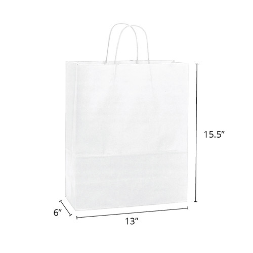 Celebrity 13" x 6" x 15-1/2" 40% Recycled Matte White Paper Shopping Bags Celebrity 13" x 6" x 15-1/2" 40% Recycled Matte White Paper Shopping Bags