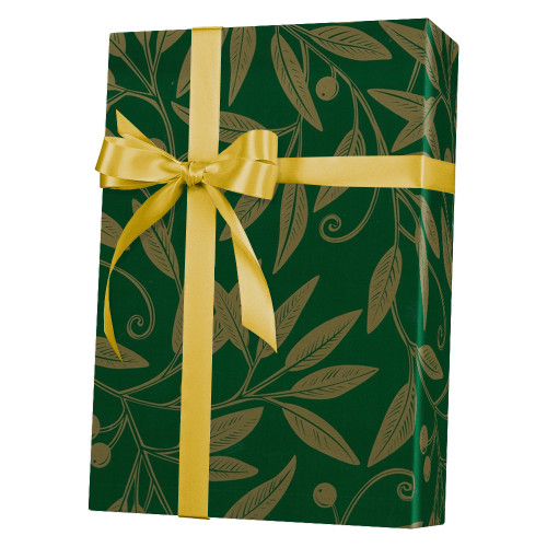 24" x 833' Gold Leaves/Dark Green Gift Wrap
