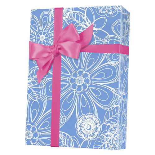 24" x 200' Blue Stitched Flora Gift Wrap