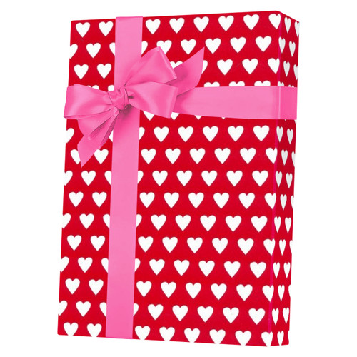 24" x 200' White Hearts on Red Gift Wrap