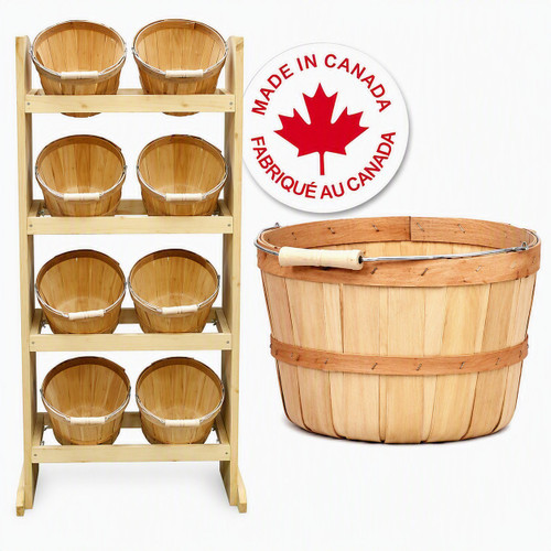 Wood Floor Display includes 8 half peck natural baskets with handles