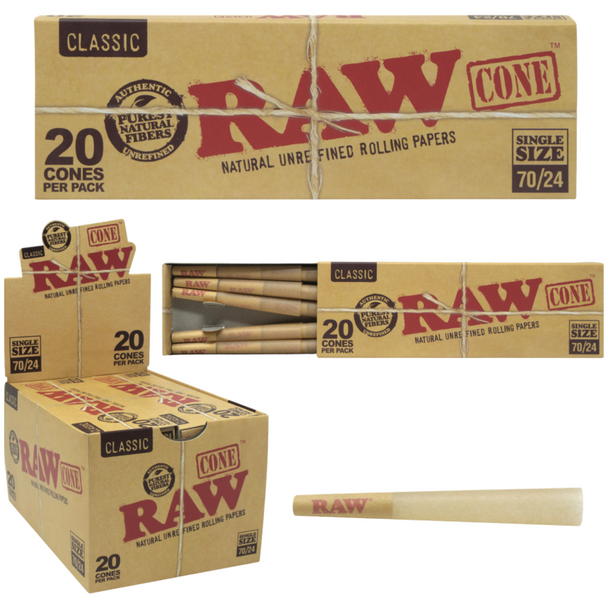 Raw Classic 70mm Size With 24mm Tip Pre-Rolled Cones 20ct Box