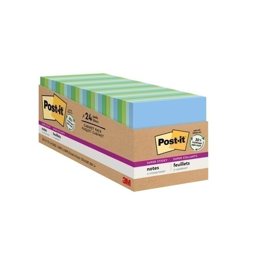 Post-It Super Sticky Notes 654-24Super StickyT-CP 76X76 Oasis Recycled Pk24 feature 2x the sticking power. Sourced from certified, renewable and responsibly managed forests and recyclable. 24Pads/Pack, 70 Sheets/Pad. Post-It Super Sticky Notes 654-24Super StickyT-CP 76X76 Oasis Recycled Pk24 feature 2x the sticking power. Sourced from certified, renewable and responsibly managed forests and recyclable. 24Pads/Pack, 70 Sheets/Pad.