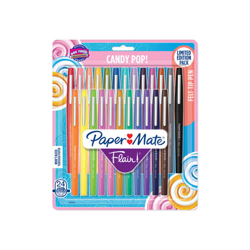Paper Mate Flair Felt Tip Pen Medium Fashion Assorted Pk12 Box of4 has quick-drying, water-based ink to prevent smearing and won't bleed through paper. Point Guard tip. Nylon point is acid-free.