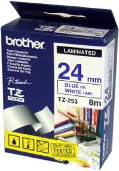 Brother TZ-253 Laminated 24mm x 8m - Blue printing on White Tape