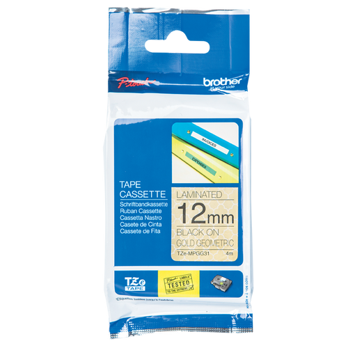 Brother TZeMPGG31 Label Tape - 12mm x 4M - Pattern, Black on Gold GeoMetric - (Pattern) Laminated