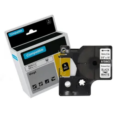Compatible Dymo SD18443 Label Black Text on White Industrial Vinyl Labels 9mm wide x 5.5 metres long