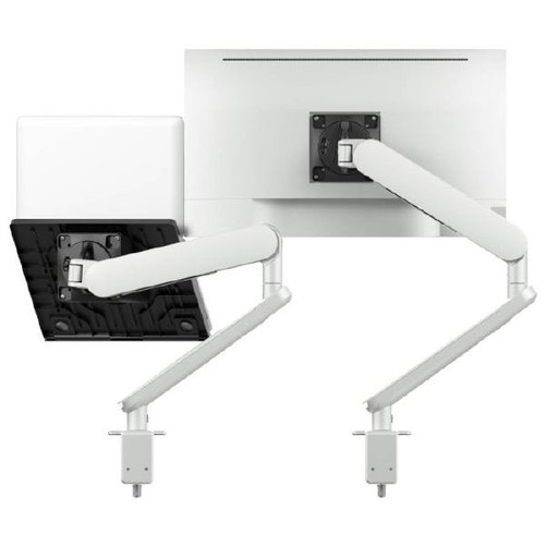Atdec ORA Duo High-Performance Dynamic Monitor Arms with Laptop Tray. F-Clamp Desk Fixing. Max Load 8kg. Up to 35" screens. Up to 18" Laptops. White