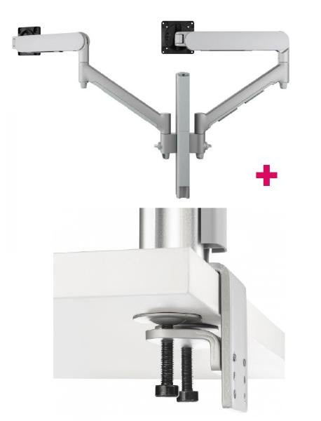 Atdec AWMS-2-D40 Dual 690mm Dynamic Monitor Arms + 400mm Post / 8kg (17.6lb) Flat and Curved Screens + Heavy-Duty F Clamp Desk Fixing, Silver