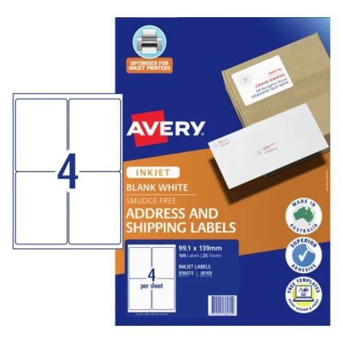 Avery Inkjet Label J8169 4UP Pack of 25 - 139 x 99.1 mm, Inkjet, Permanent