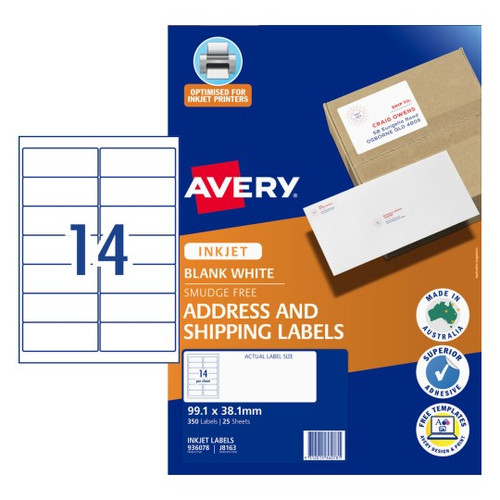 Avery InkjetLabel J8163 14UP Pack of 25 with Sure Feed - 99.1 x 38.1 mm, Inkjet, Permanent