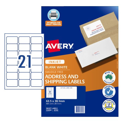 Avery InkjetLabel J8160 21UP Pack of 25- Quick Peel Address Labels with Sure Feed 63.5 x 38.1 mm, Inkjet, Permanent