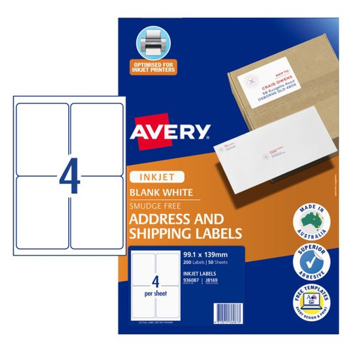 Avery Inkjet Label J8169 4UP Pack of 50 - 99.1 x 139 mm, Inkjet, Permanent