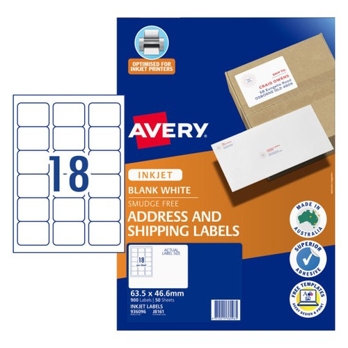 Avery InkjetLabel J8161 18UP Pack of 50 - Quick Peel Address Labels with Sure Feed 99.1 x 34 mm, Inkjet, Permanent